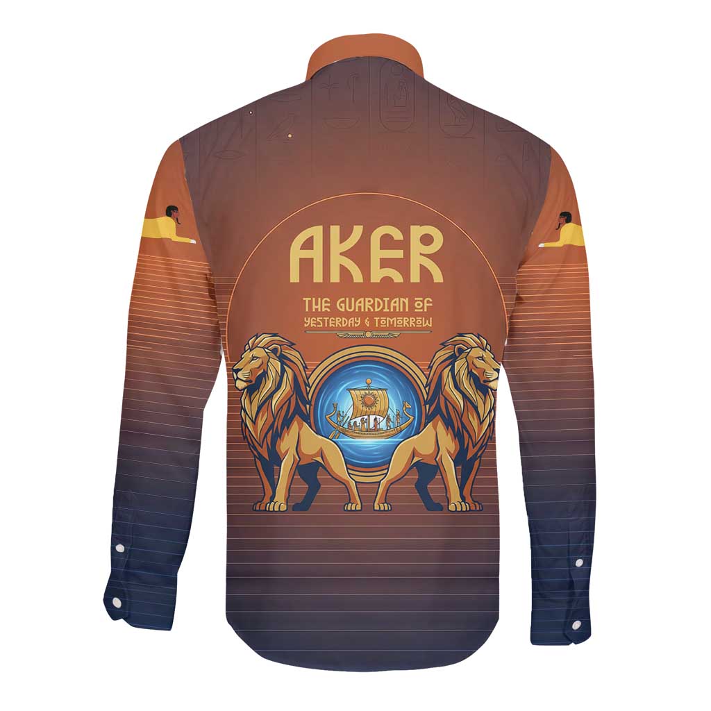 Aker Long Sleeve Button Shirt Ancient Egyptian Sunset Gradient, Twin Lion Guardians, and Solar Disc - African Pride