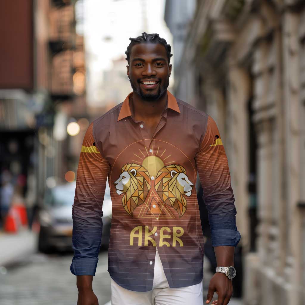 Aker Long Sleeve Button Shirt Ancient Egyptian Sunset Gradient, Twin Lion Guardians, and Solar Disc - African Pride