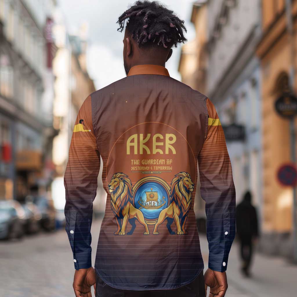 Aker Long Sleeve Button Shirt Ancient Egyptian Sunset Gradient, Twin Lion Guardians, and Solar Disc - African Pride