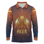 Aker Long Sleeve Polo Shirt Ancient Egyptian Sunset Gradient, Twin Lion Guardians, and Solar Disc - African Pride
