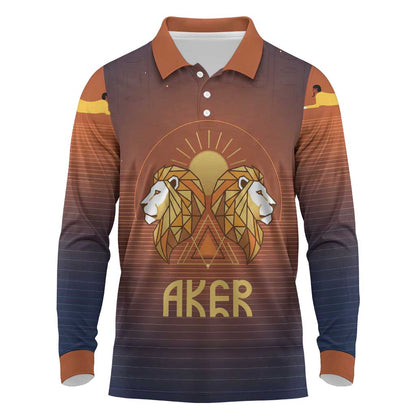 Aker Long Sleeve Polo Shirt Ancient Egyptian Sunset Gradient, Twin Lion Guardians, and Solar Disc - African Pride