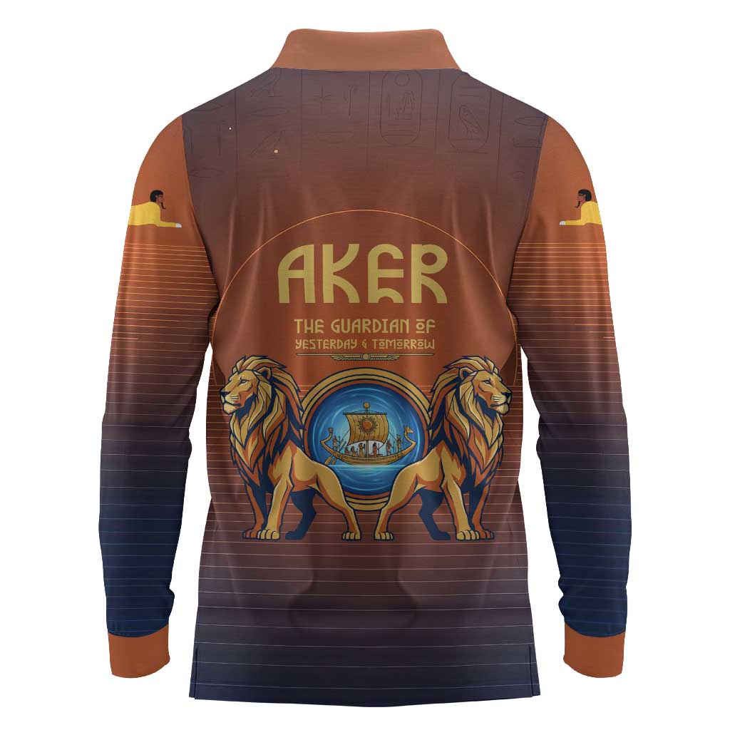 Aker Long Sleeve Polo Shirt Ancient Egyptian Sunset Gradient, Twin Lion Guardians, and Solar Disc - African Pride