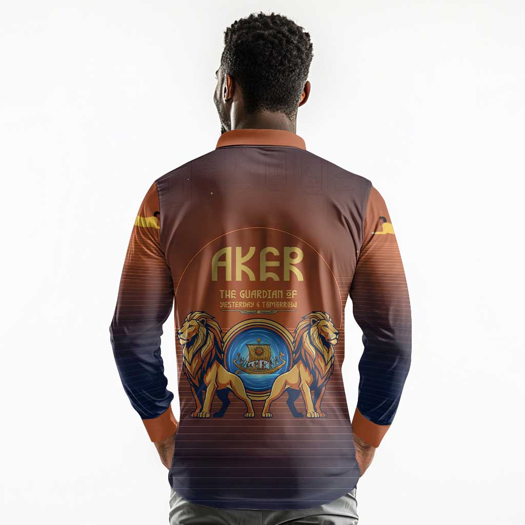 Aker Long Sleeve Polo Shirt Ancient Egyptian Sunset Gradient, Twin Lion Guardians, and Solar Disc - African Pride