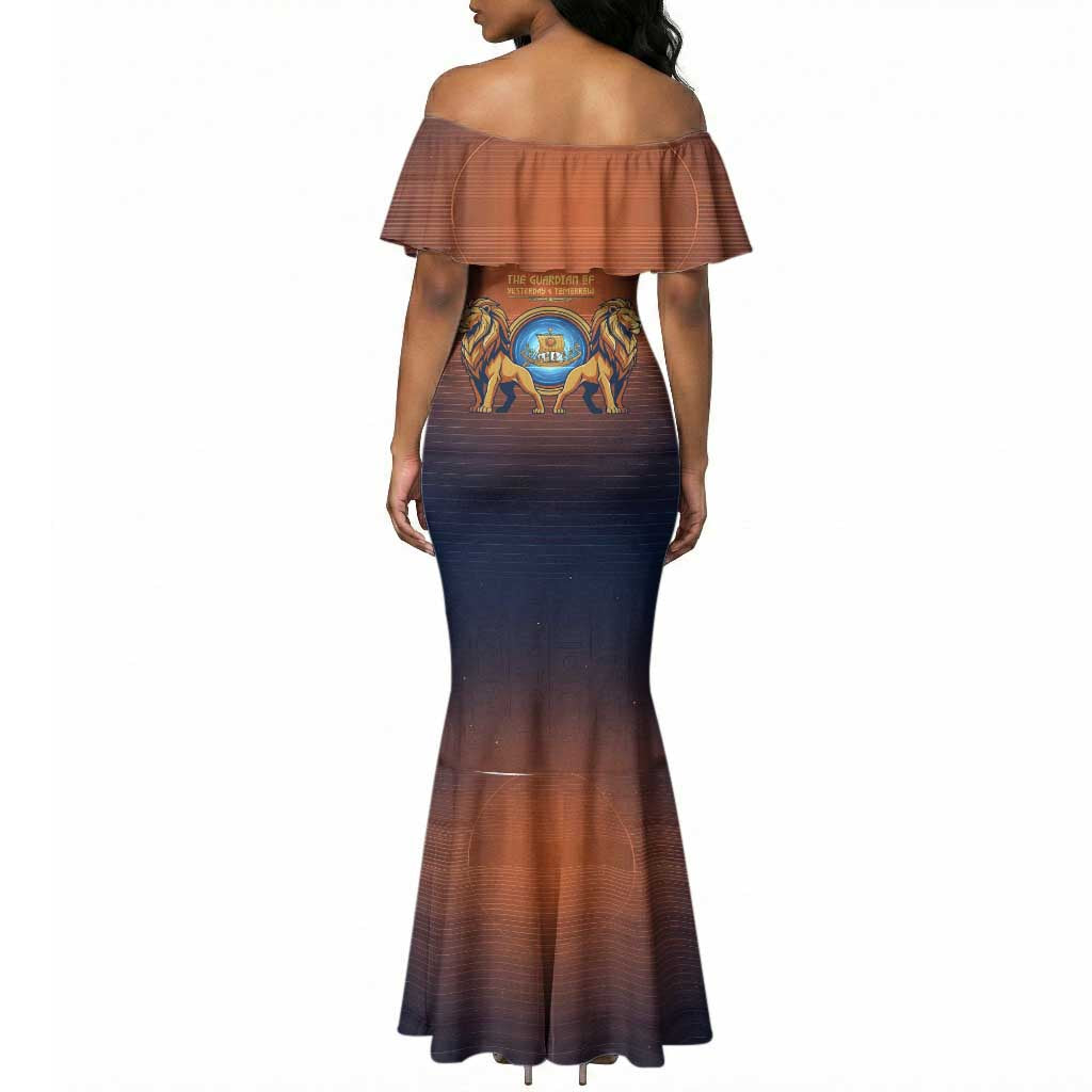 Aker Mermaid Dress Ancient Egyptian Sunset Gradient, Twin Lion Guardians, and Solar Disc - African Pride