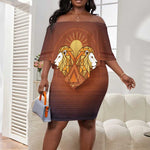 Aker Off Shoulder Short Dress Ancient Egyptian Sunset Gradient, Twin Lion Guardians, and Solar Disc - African Pride