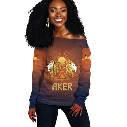Aker Off Shoulder Sweater Ancient Egyptian Sunset Gradient, Twin Lion Guardians, and Solar Disc - African Pride