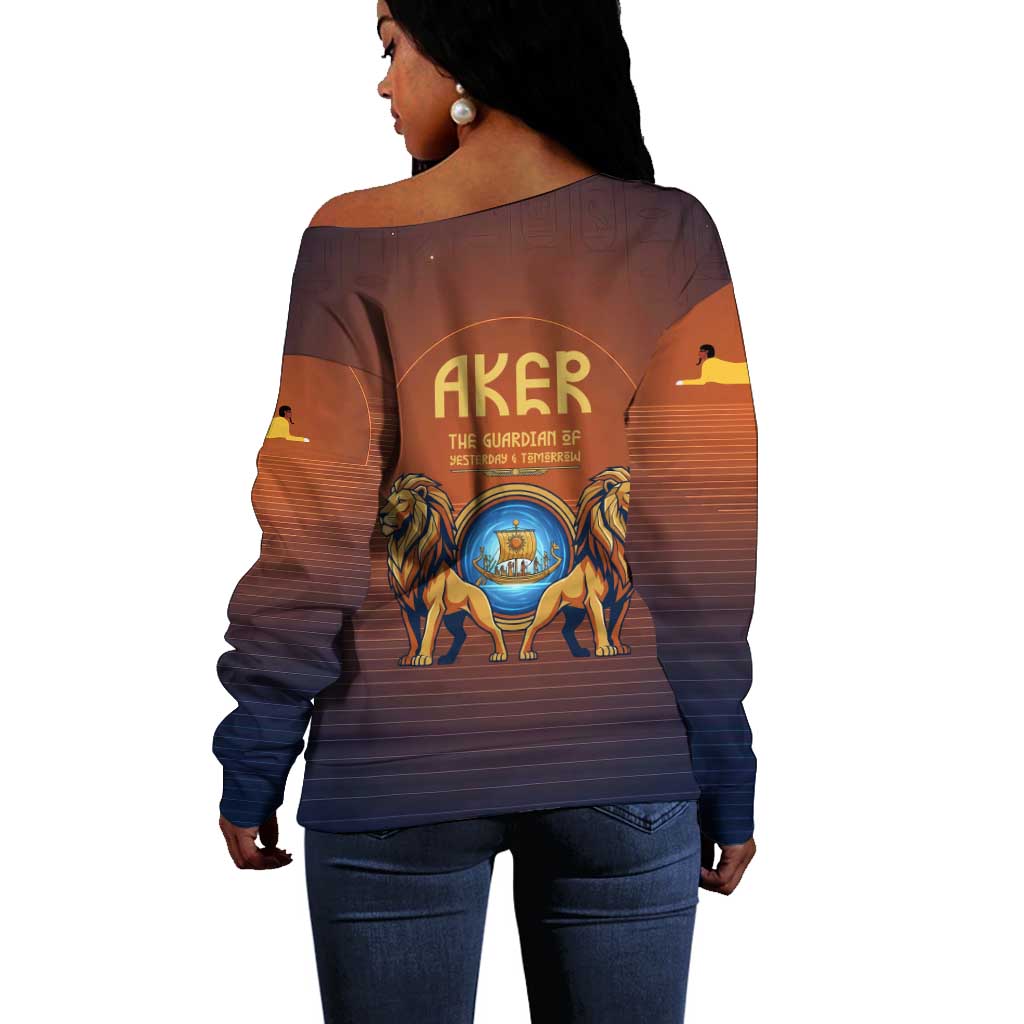 Aker Off Shoulder Sweater Ancient Egyptian Sunset Gradient, Twin Lion Guardians, and Solar Disc - African Pride