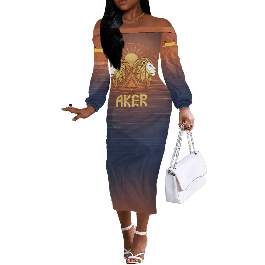 Aker Off The Shoulder Long Sleeve Dress Ancient Egyptian Sunset Gradient, Twin Lion Guardians, and Solar Disc - African Pride