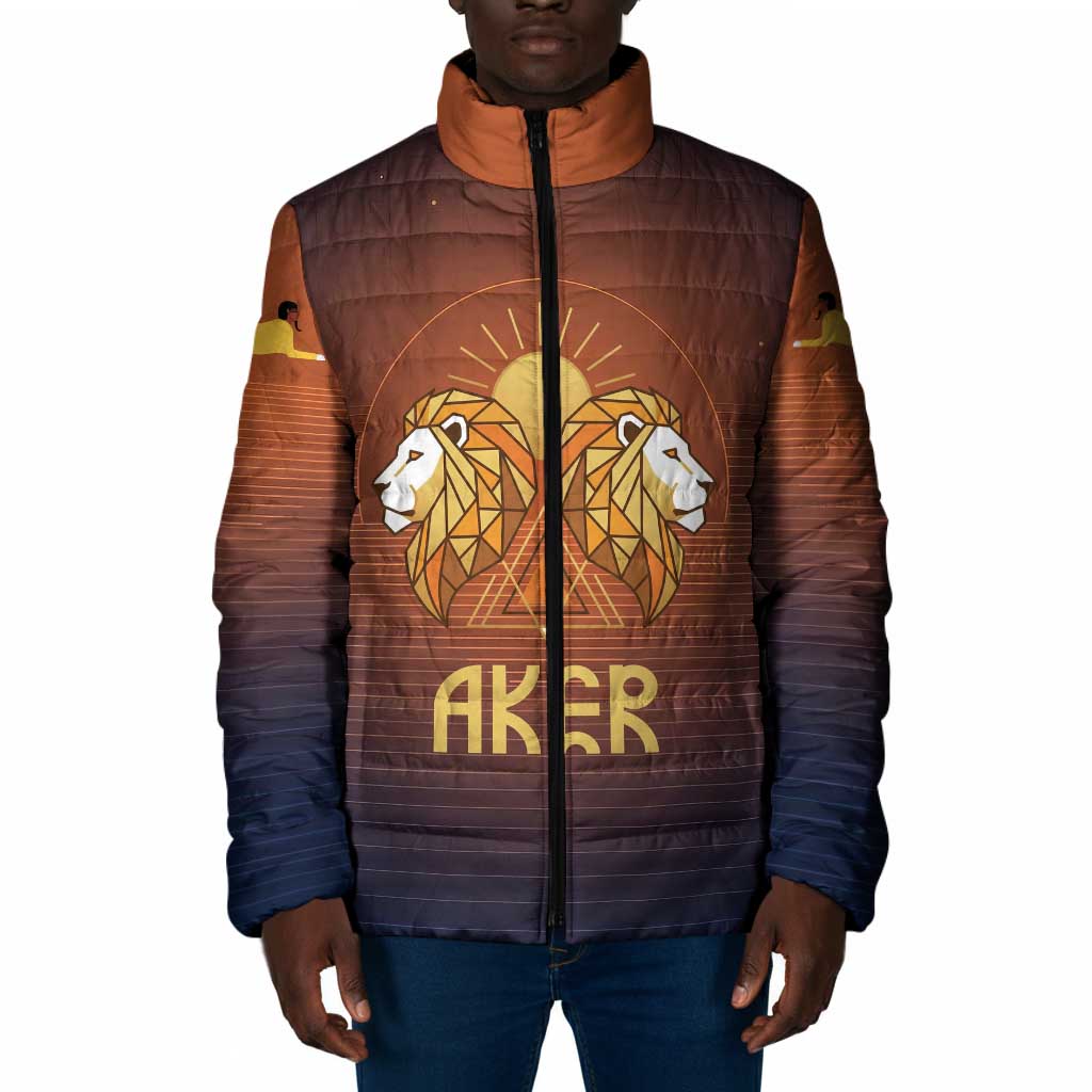 Aker Padded Jacket Ancient Egyptian Sunset Gradient, Twin Lion Guardians, and Solar Disc - African Pride