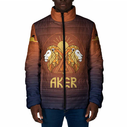 Aker Padded Jacket Ancient Egyptian Sunset Gradient, Twin Lion Guardians, and Solar Disc - African Pride