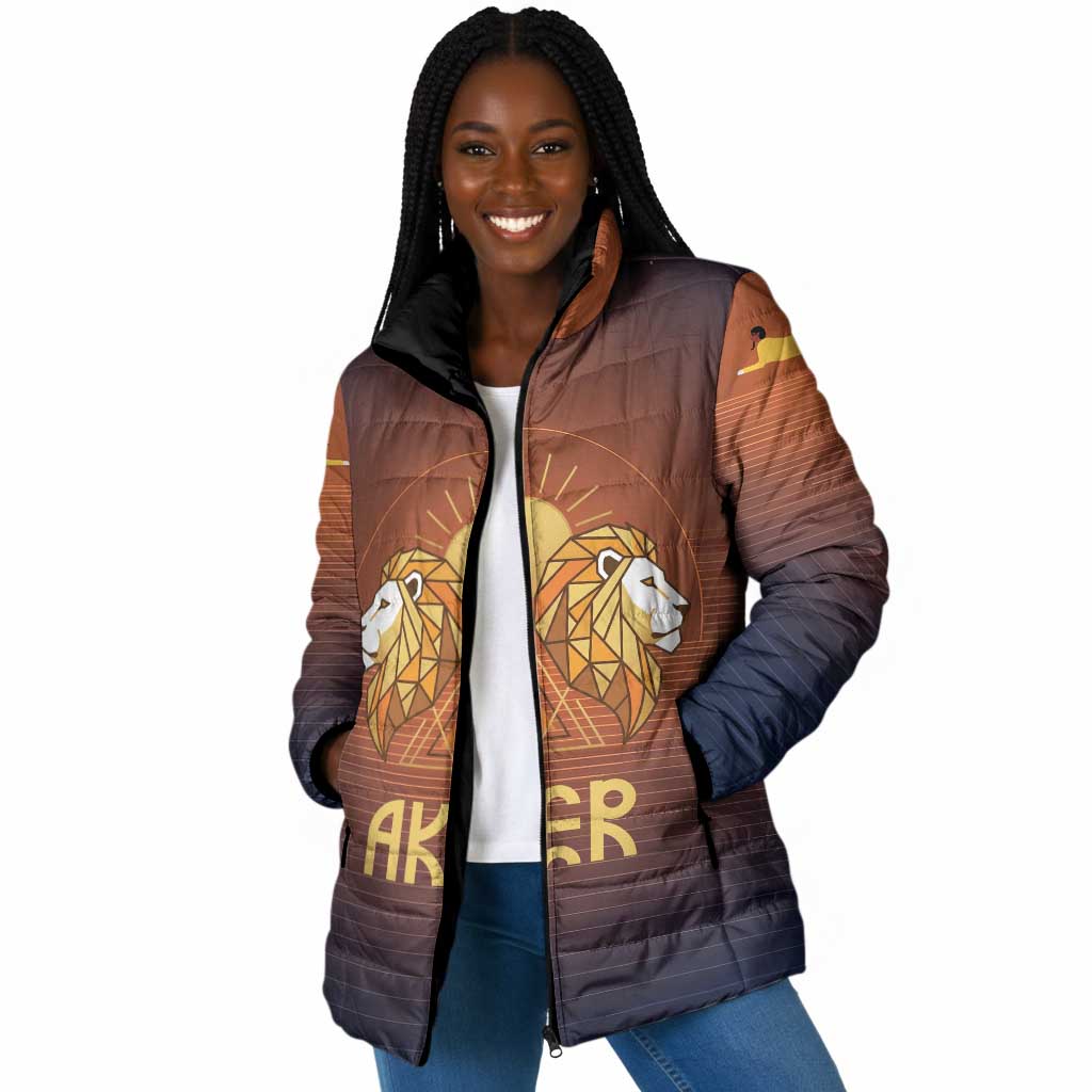 Aker Padded Jacket Ancient Egyptian Sunset Gradient, Twin Lion Guardians, and Solar Disc - African Pride