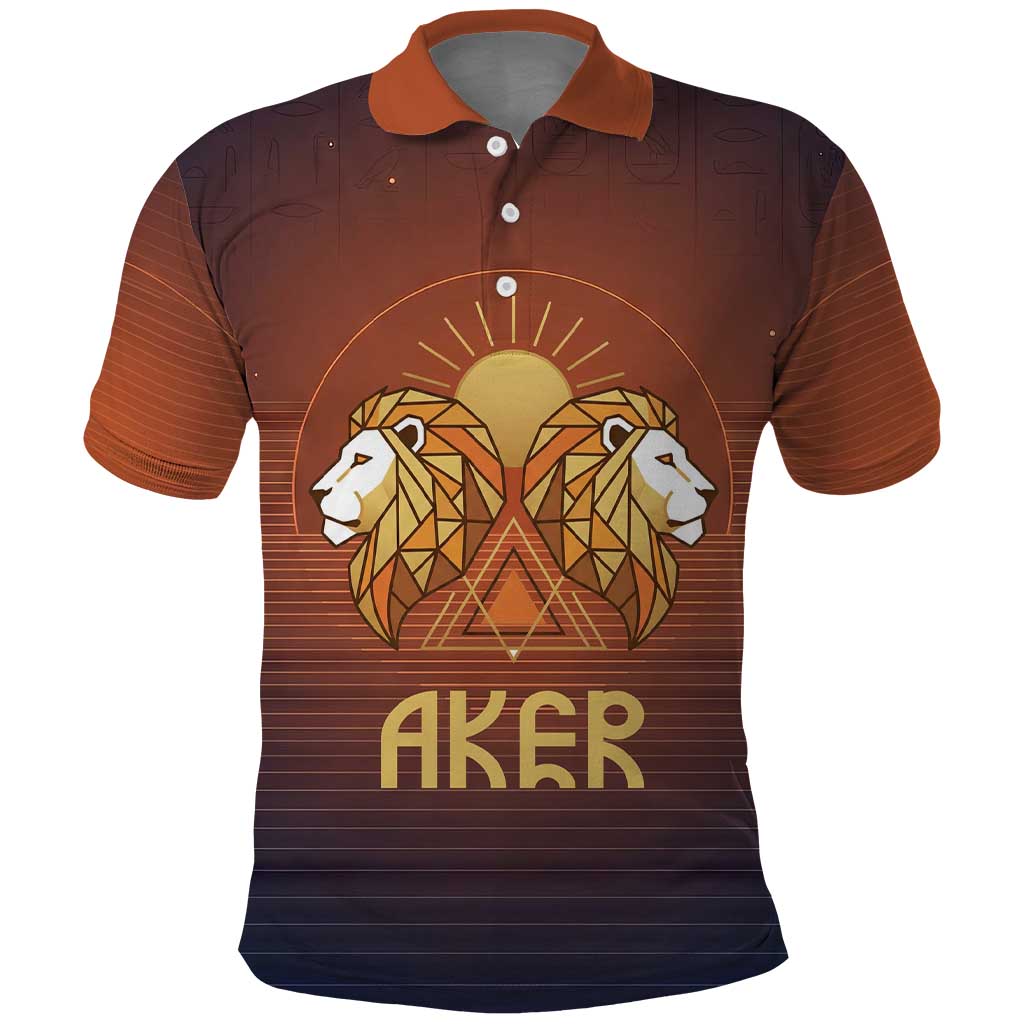 Aker Polo Shirt Ancient Egyptian Sunset Gradient, Twin Lion Guardians, and Solar Disc - African Pride