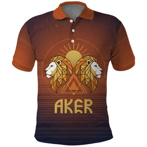 Aker Polo Shirt Ancient Egyptian Sunset Gradient, Twin Lion Guardians, and Solar Disc - African Pride