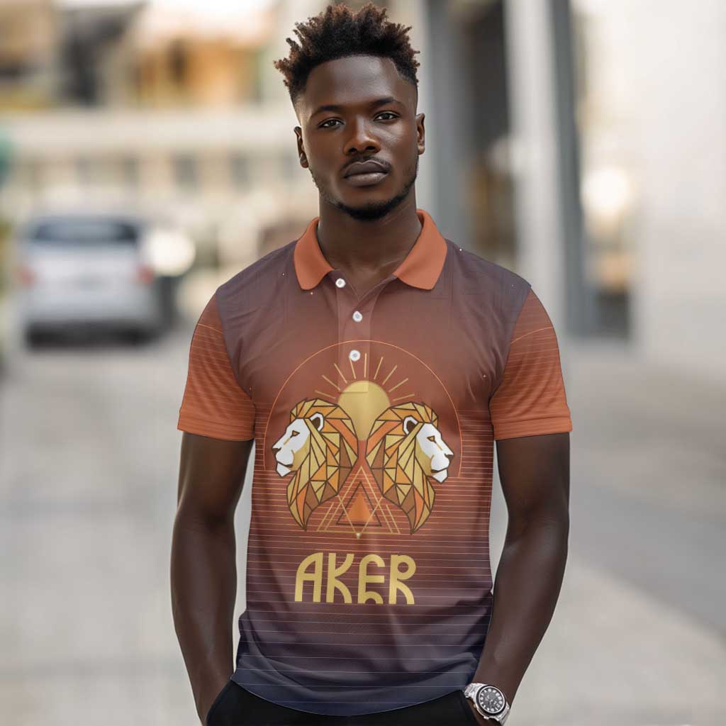 Aker Polo Shirt Ancient Egyptian Sunset Gradient, Twin Lion Guardians, and Solar Disc - African Pride