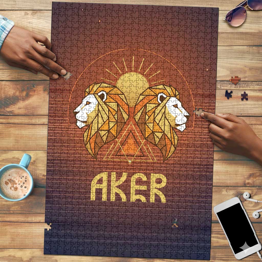 Aker Puzzle Ancient Egyptian Sunset Gradient, Twin Lion Guardians, and Solar Disc - African Pride