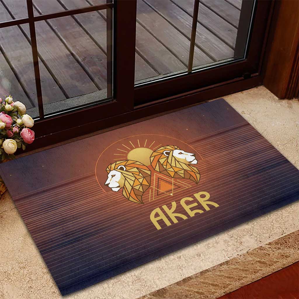 Aker Rubber Doormat Ancient Egyptian Sunset Gradient, Twin Lion Guardians, and Solar Disc - African Pride