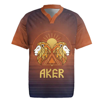 Aker Rugby Jersey Ancient Egyptian Sunset Gradient, Twin Lion Guardians, and Solar Disc - African Pride