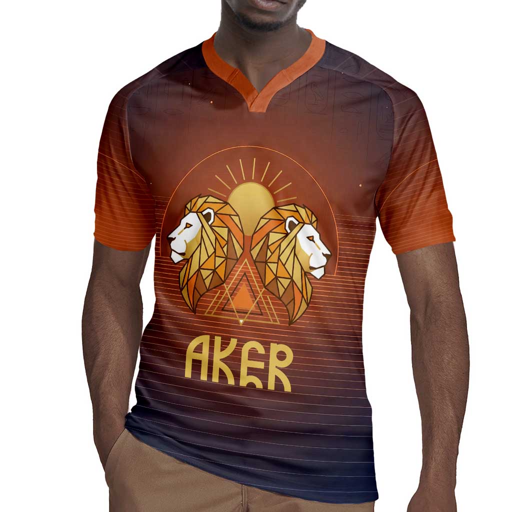 Aker Rugby Jersey Ancient Egyptian Sunset Gradient, Twin Lion Guardians, and Solar Disc - African Pride