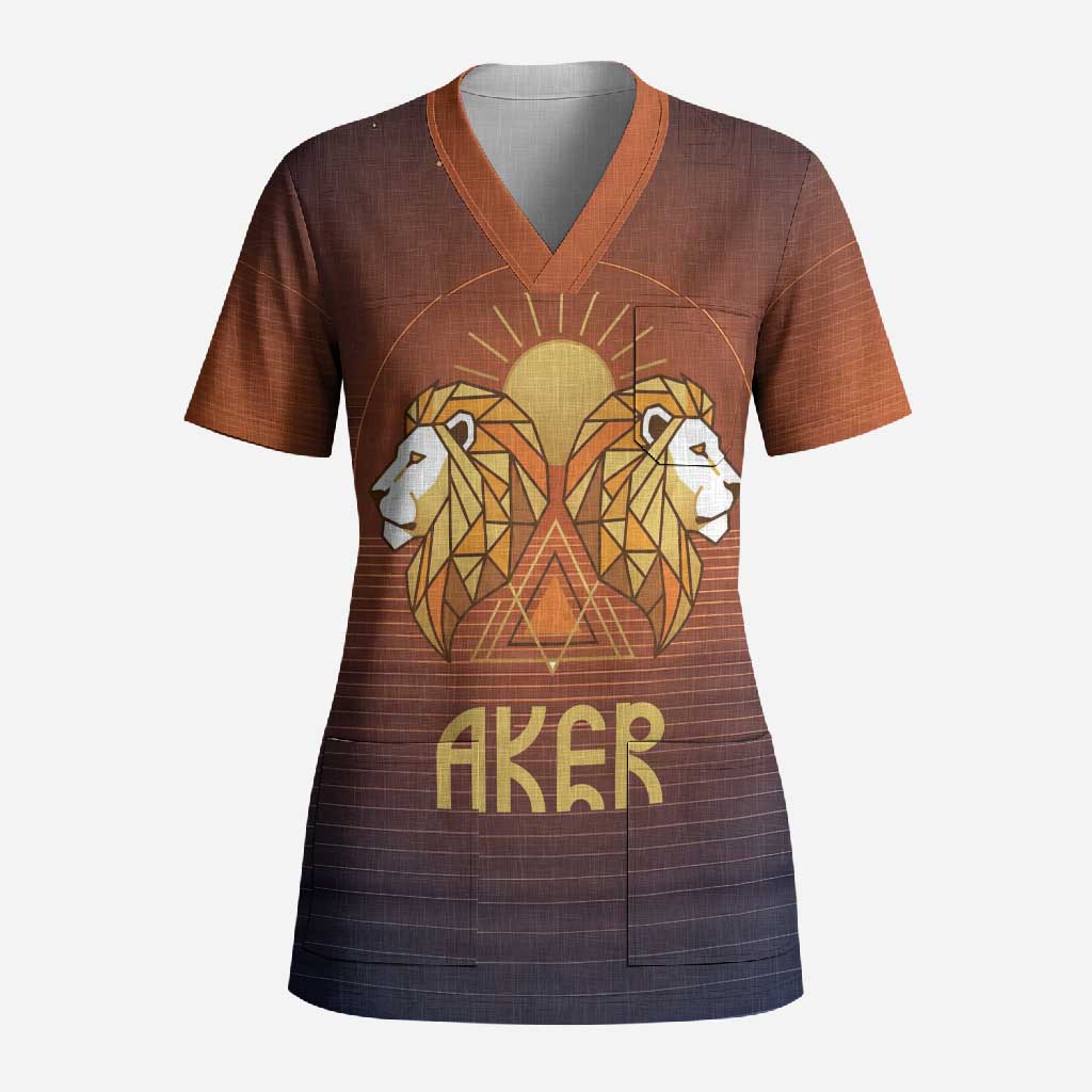 Aker Scrub Top Ancient Egyptian Sunset Gradient, Twin Lion Guardians, and Solar Disc - African Pride