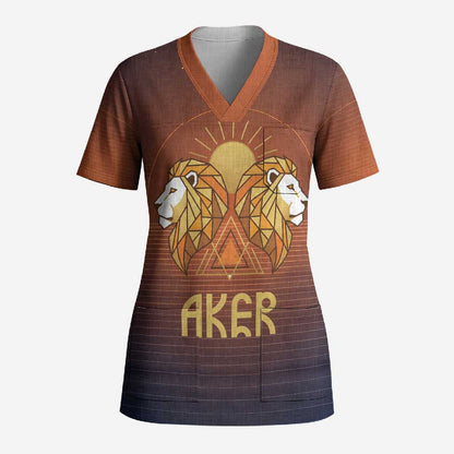 Aker Scrub Top Ancient Egyptian Sunset Gradient, Twin Lion Guardians, and Solar Disc - African Pride