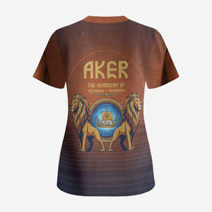 Aker Scrub Top Ancient Egyptian Sunset Gradient, Twin Lion Guardians, and Solar Disc - African Pride