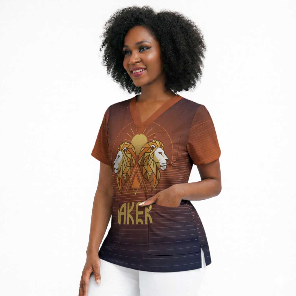 Aker Scrub Top Ancient Egyptian Sunset Gradient, Twin Lion Guardians, and Solar Disc - African Pride