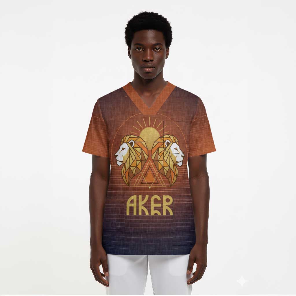 Aker Scrub Top Ancient Egyptian Sunset Gradient, Twin Lion Guardians, and Solar Disc - African Pride