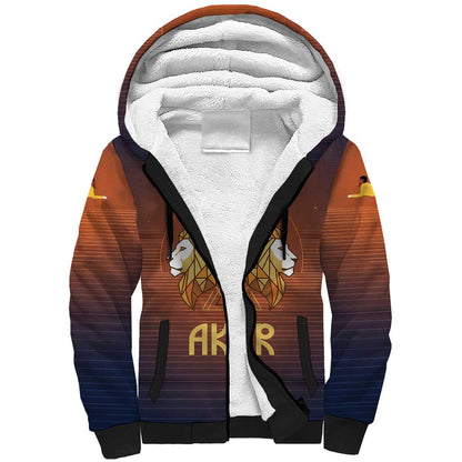Aker Sherpa Hoodie Ancient Egyptian Sunset Gradient, Twin Lion Guardians, and Solar Disc - African Pride
