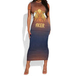 Aker Short Sleeve Bodycon Dress Ancient Egyptian Sunset Gradient, Twin Lion Guardians, and Solar Disc - African Pride