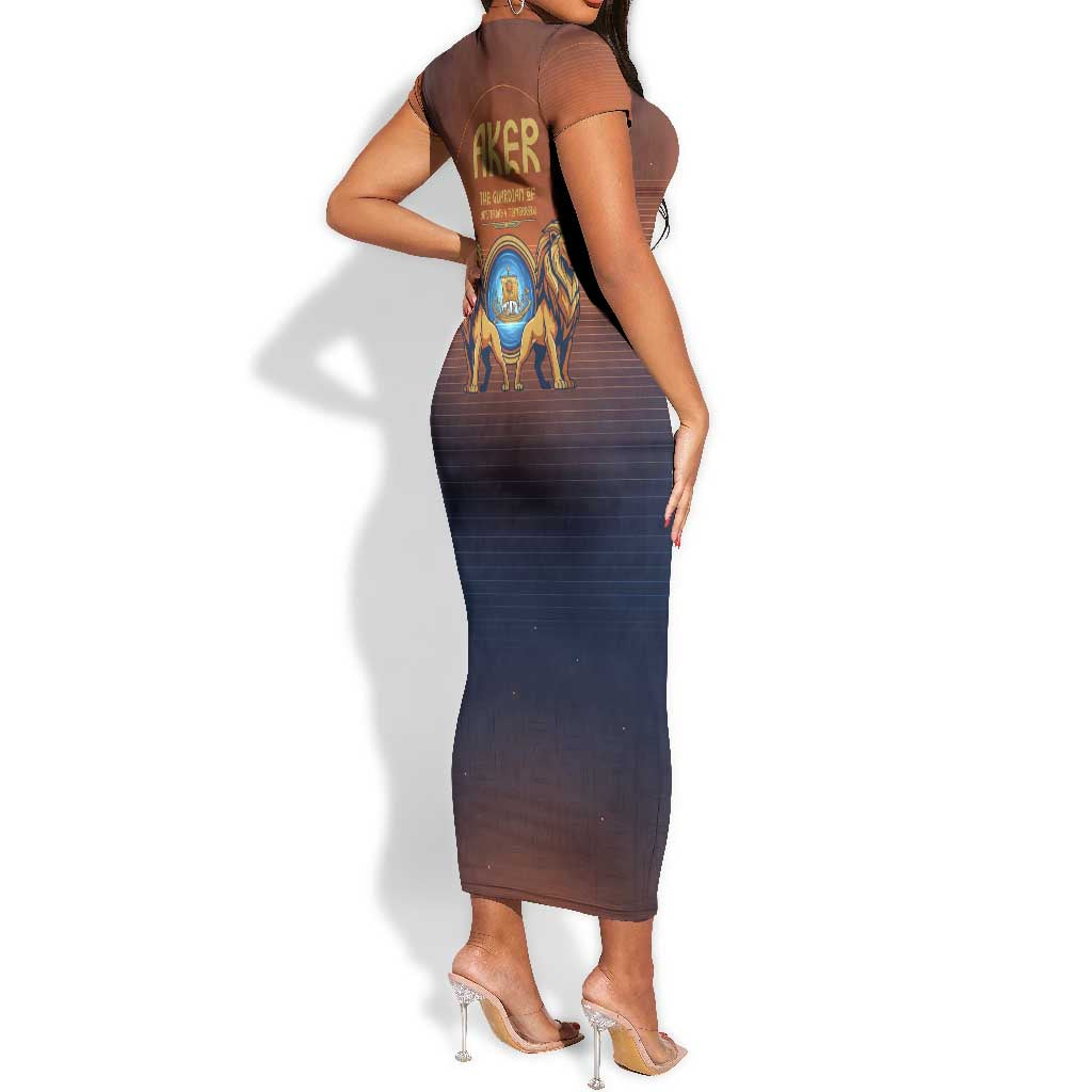 Aker Short Sleeve Bodycon Dress Ancient Egyptian Sunset Gradient, Twin Lion Guardians, and Solar Disc - African Pride