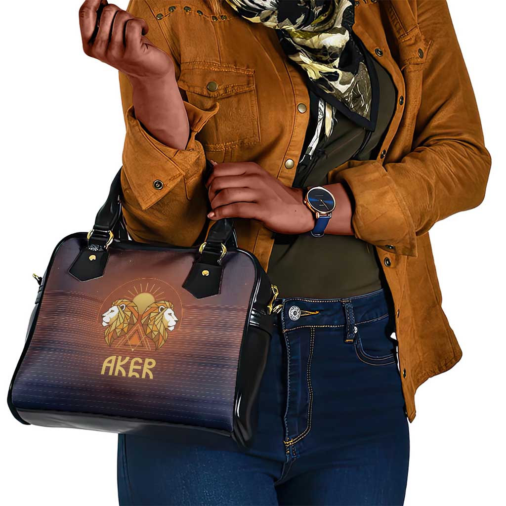 Aker Shoulder Handbag Ancient Egyptian Sunset Gradient, Twin Lion Guardians, and Solar Disc - African Pride