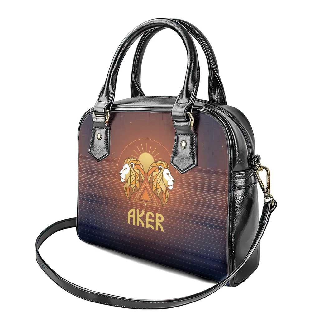 Aker Shoulder Handbag Ancient Egyptian Sunset Gradient, Twin Lion Guardians, and Solar Disc - African Pride