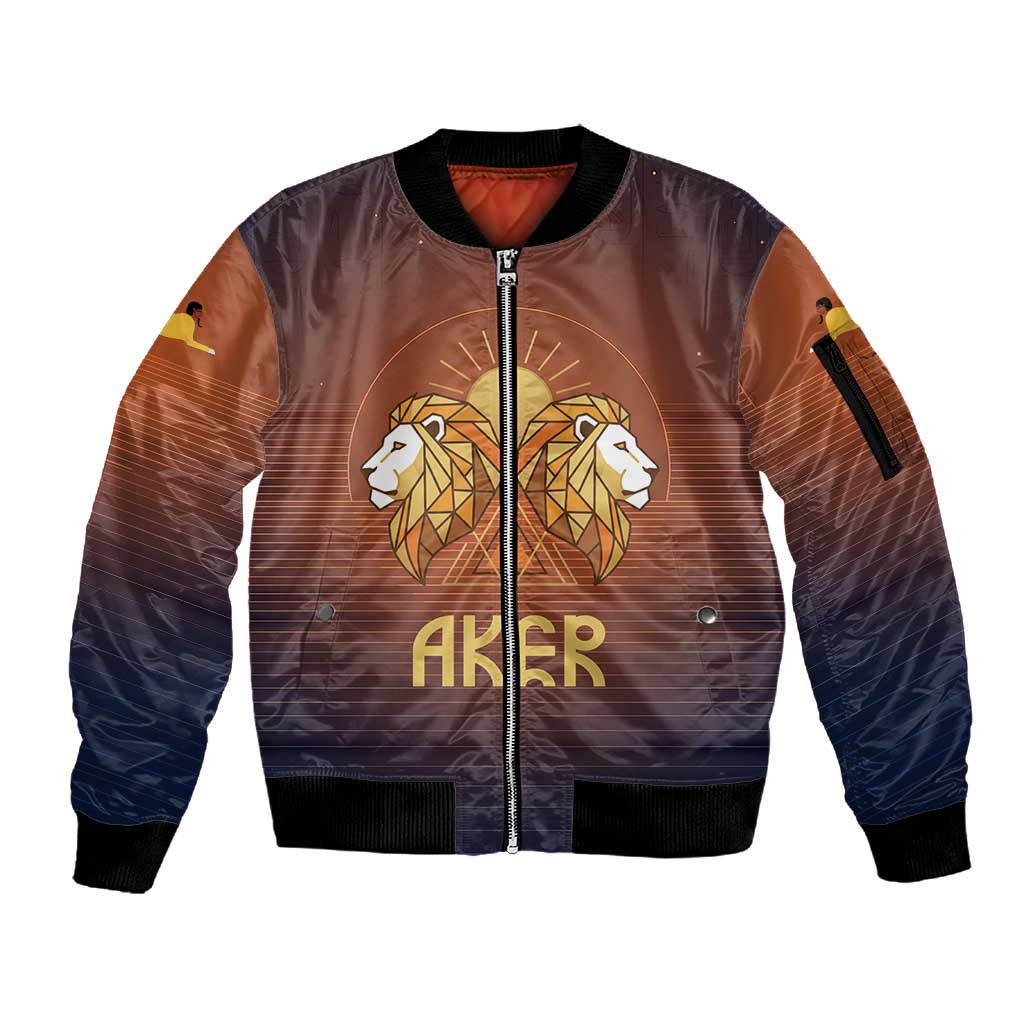 Aker Sleeve Zip Bomber Jacket Ancient Egyptian Sunset Gradient, Twin Lion Guardians, and Solar Disc - African Pride