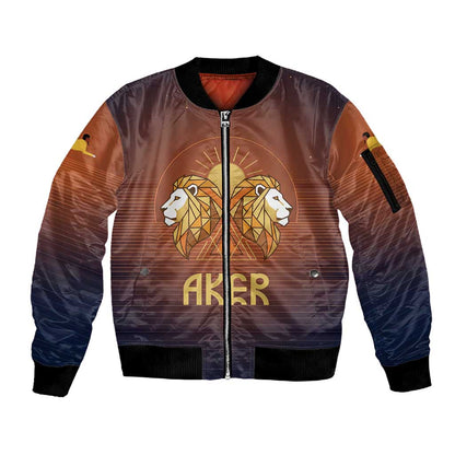 Aker Sleeve Zip Bomber Jacket Ancient Egyptian Sunset Gradient, Twin Lion Guardians, and Solar Disc - African Pride