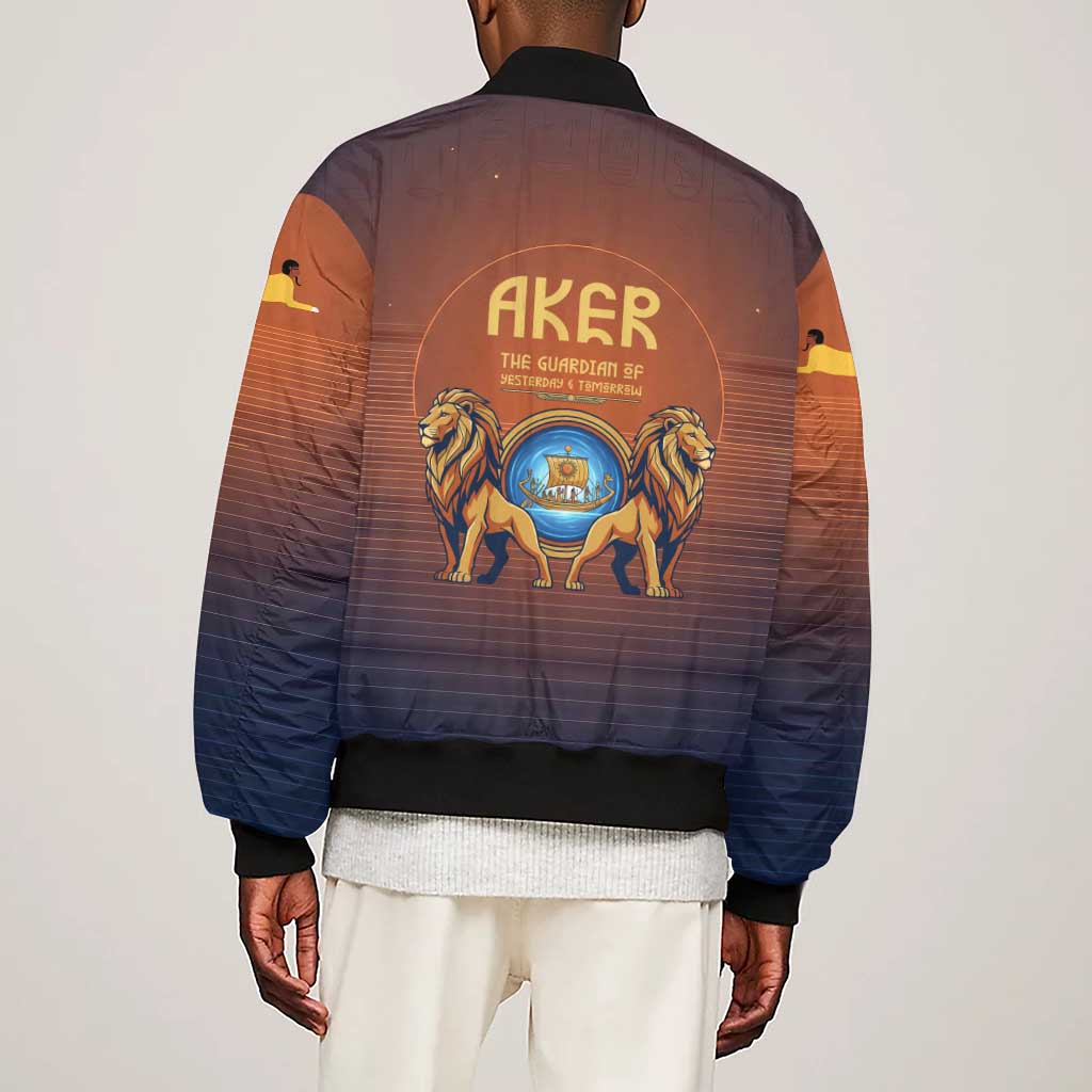 Aker Sleeve Zip Bomber Jacket Ancient Egyptian Sunset Gradient, Twin Lion Guardians, and Solar Disc - African Pride