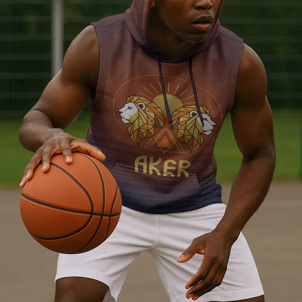 Aker Sleeveless Hoodie Ancient Egyptian Sunset Gradient, Twin Lion Guardians, and Solar Disc - African Pride