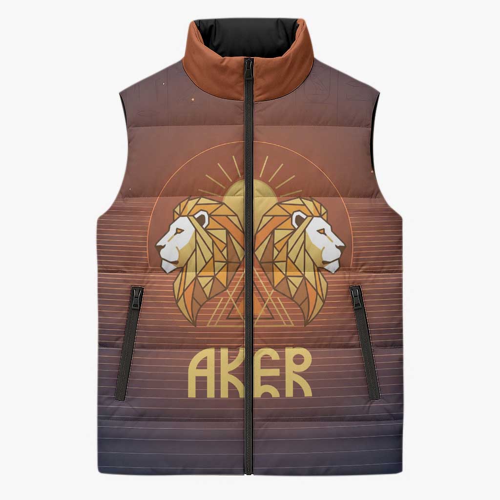 Aker Sleeveless Puffer Jacket Ancient Egyptian Sunset Gradient, Twin Lion Guardians, and Solar Disc - African Pride