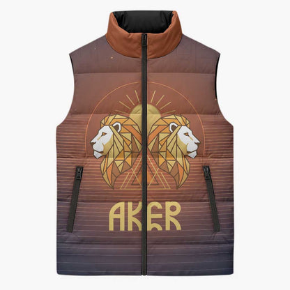 Aker Sleeveless Puffer Jacket Ancient Egyptian Sunset Gradient, Twin Lion Guardians, and Solar Disc - African Pride