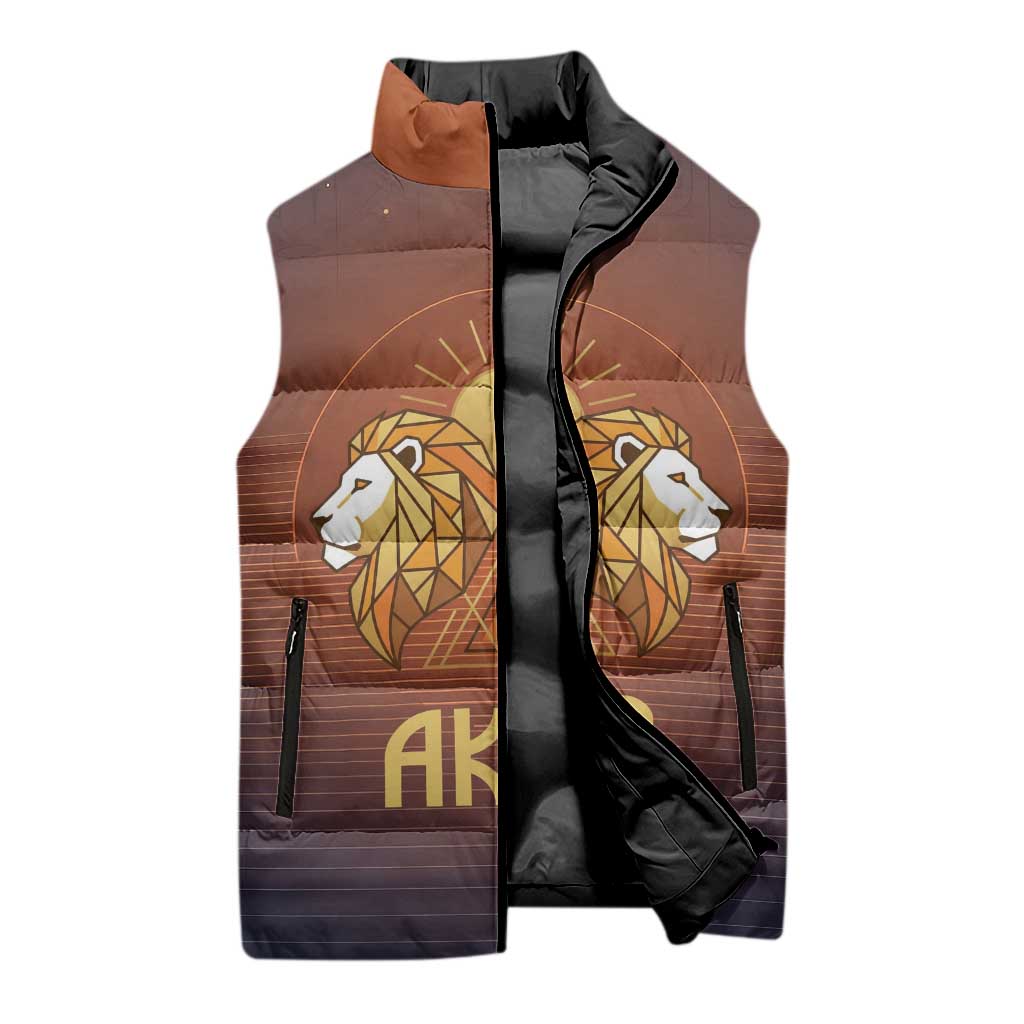 Aker Sleeveless Puffer Jacket Ancient Egyptian Sunset Gradient, Twin Lion Guardians, and Solar Disc - African Pride