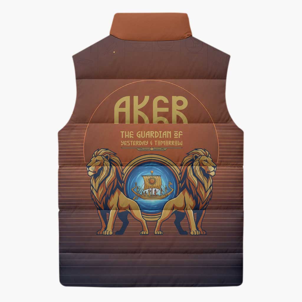 Aker Sleeveless Puffer Jacket Ancient Egyptian Sunset Gradient, Twin Lion Guardians, and Solar Disc - African Pride