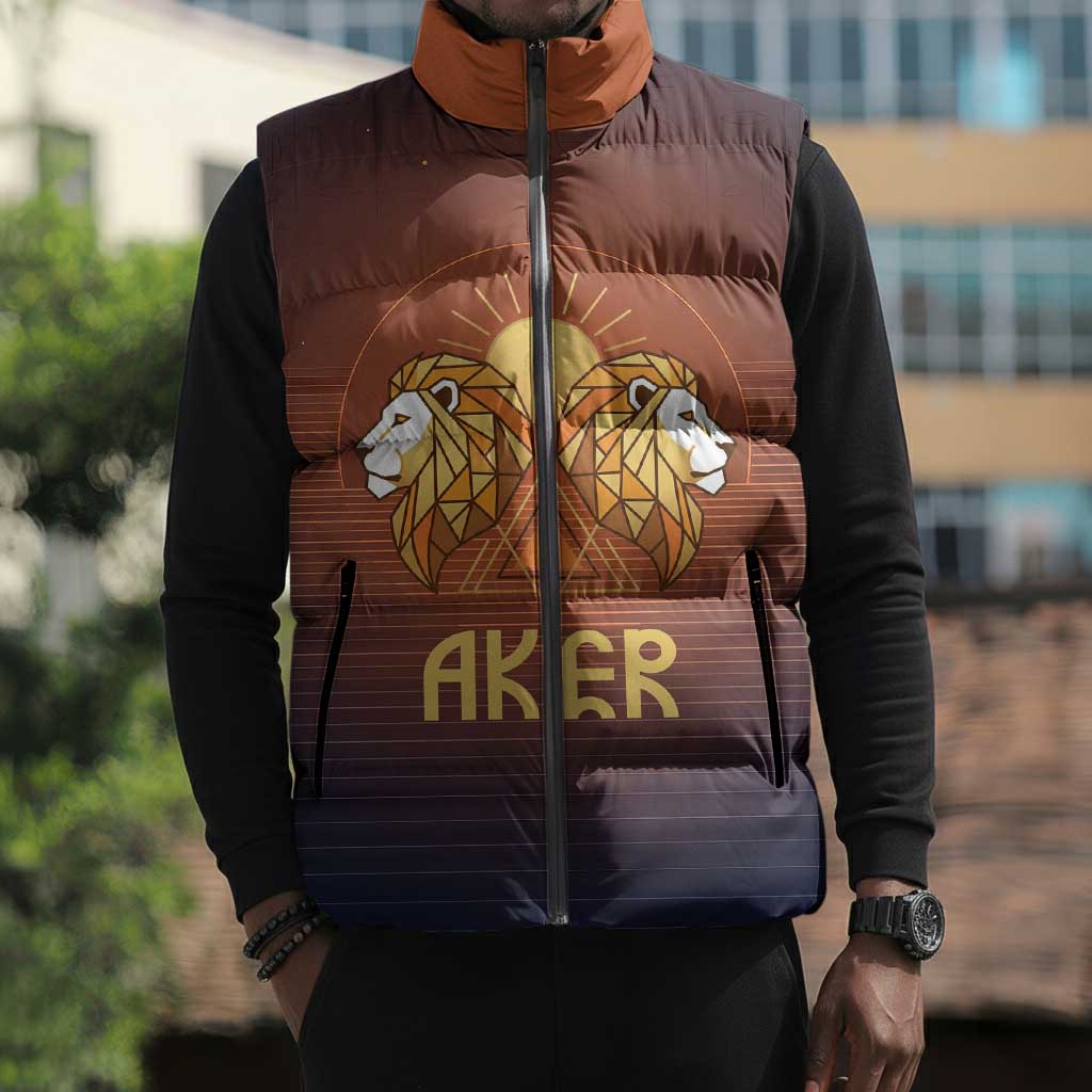 Aker Sleeveless Puffer Jacket Ancient Egyptian Sunset Gradient, Twin Lion Guardians, and Solar Disc - African Pride