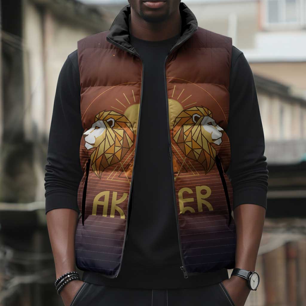 Aker Sleeveless Puffer Jacket Ancient Egyptian Sunset Gradient, Twin Lion Guardians, and Solar Disc - African Pride