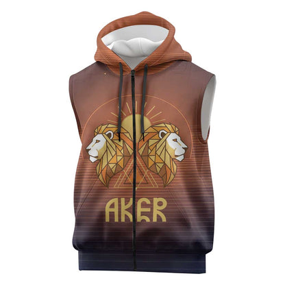 Aker Sleeveless Zip Hoodie Ancient Egyptian Sunset Gradient, Twin Lion Guardians, and Solar Disc - African Pride