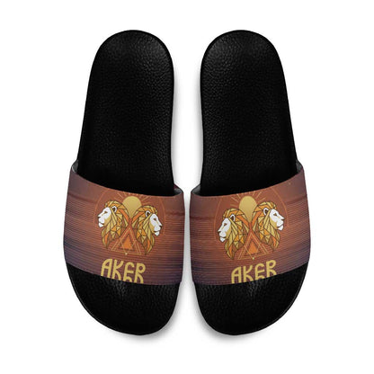 Aker Slide Sandals Ancient Egyptian Sunset Gradient, Twin Lion Guardians, and Solar Disc - African Pride