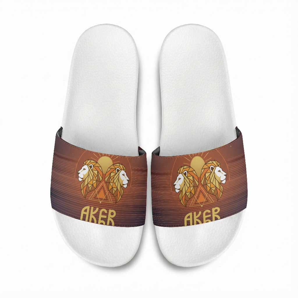 Aker Slide Sandals Ancient Egyptian Sunset Gradient, Twin Lion Guardians, and Solar Disc - African Pride