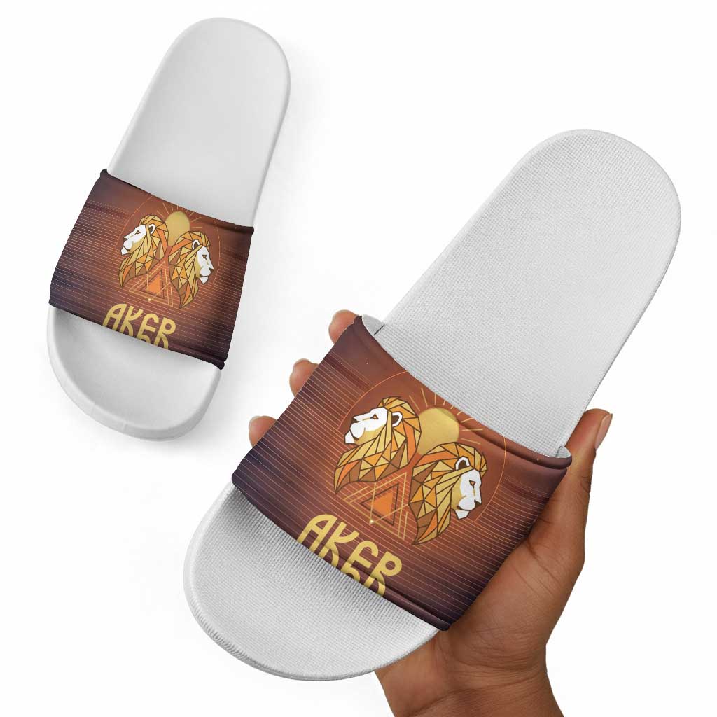 Aker Slide Sandals Ancient Egyptian Sunset Gradient, Twin Lion Guardians, and Solar Disc - African Pride