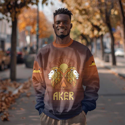 Aker Sweatshirt Ancient Egyptian Sunset Gradient, Twin Lion Guardians, and Solar Disc - African Pride