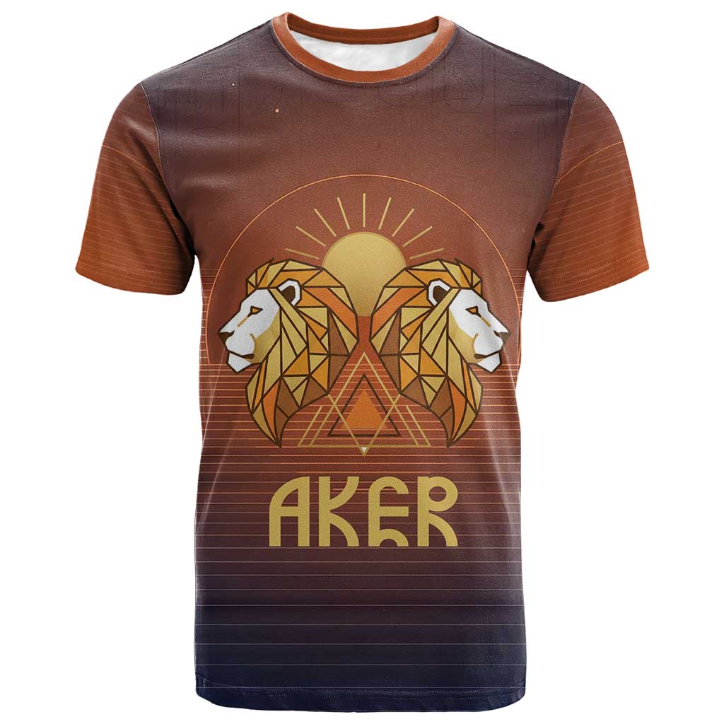 Aker T shirt Ancient Egyptian Sunset Gradient, Twin Lion Guardians, and Solar Disc - African Pride