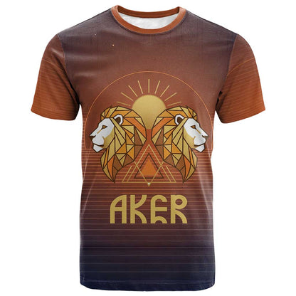 Aker T shirt Ancient Egyptian Sunset Gradient, Twin Lion Guardians, and Solar Disc - African Pride