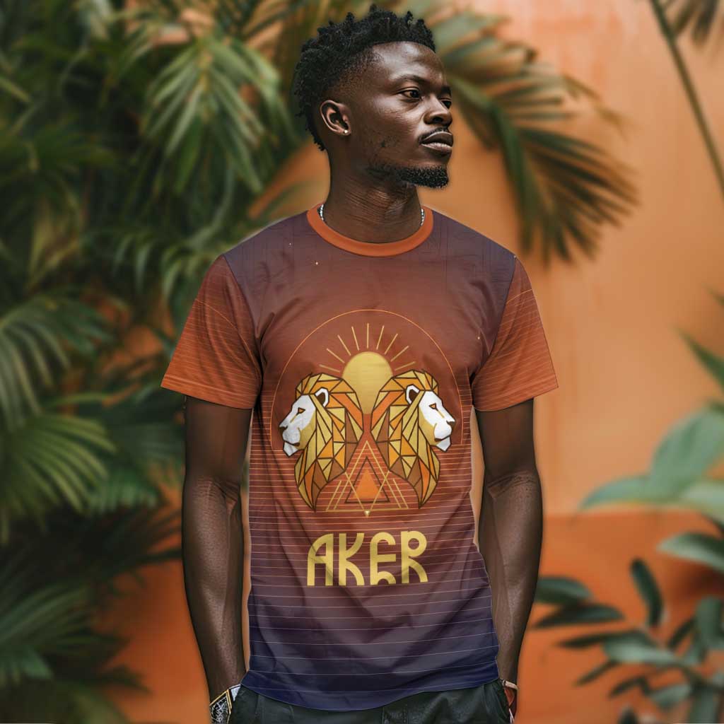 Aker T shirt Ancient Egyptian Sunset Gradient, Twin Lion Guardians, and Solar Disc - African Pride